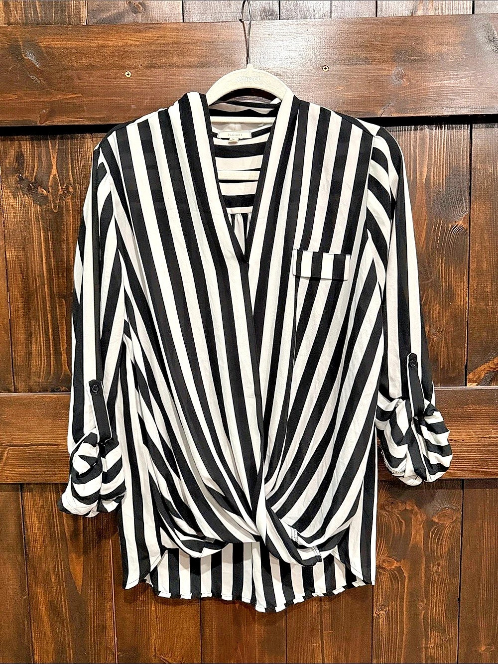 Pleione Black and White Striped Faux Wrap Blouse Striped Blouse in Black & White